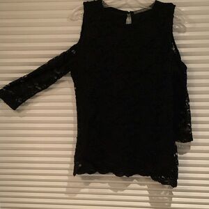 Suzy Shier Cold Shoulder Black Lace Top